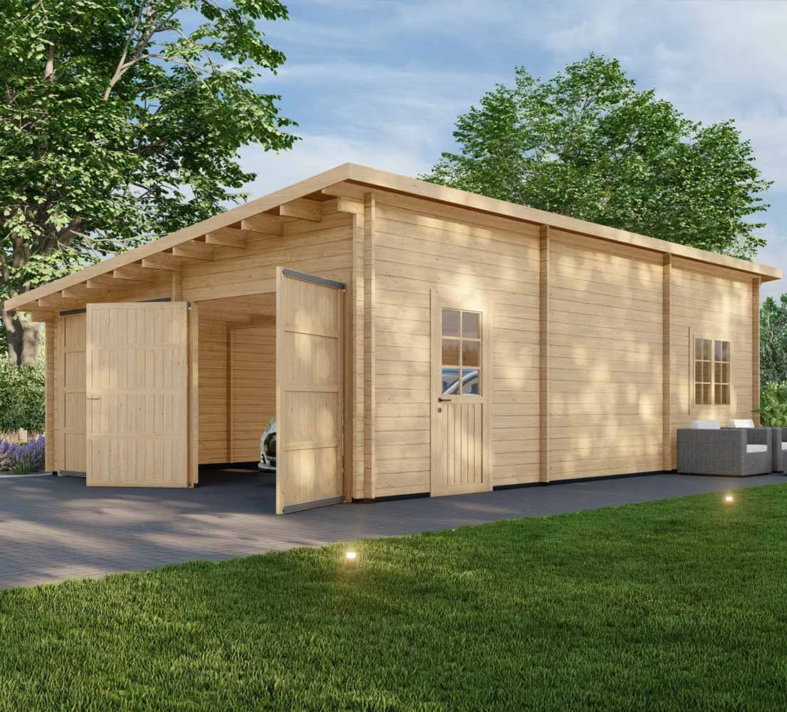 Blockbohlengarage Populus, 6x9 m, BF 50 m2 mit Holztoren