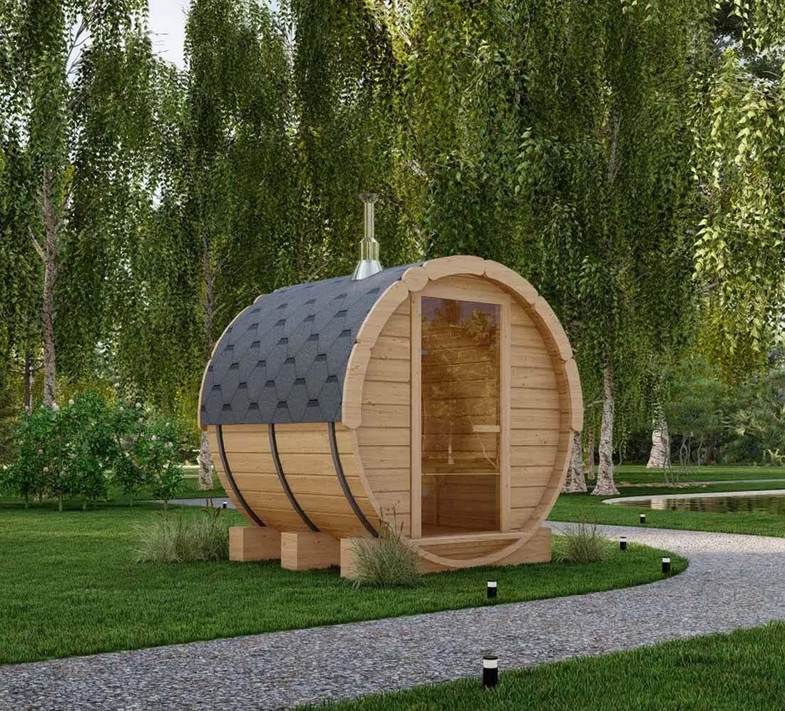 Fasssauna Piper mit Panoramaglaswand, 1.7m