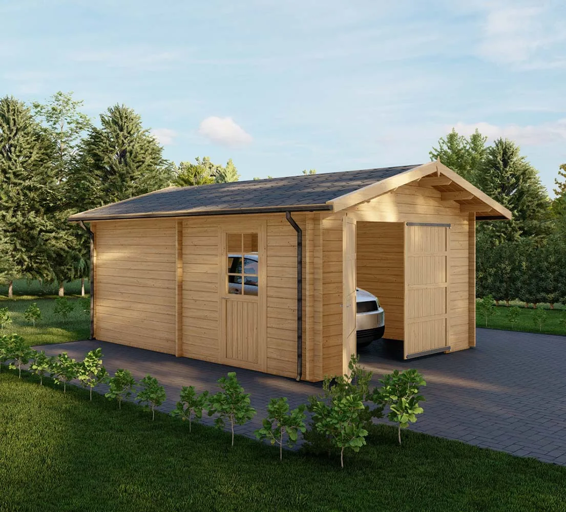 Blockbohlengarage Alnus, 4x6 m, BF 20 m2 mit Holztor