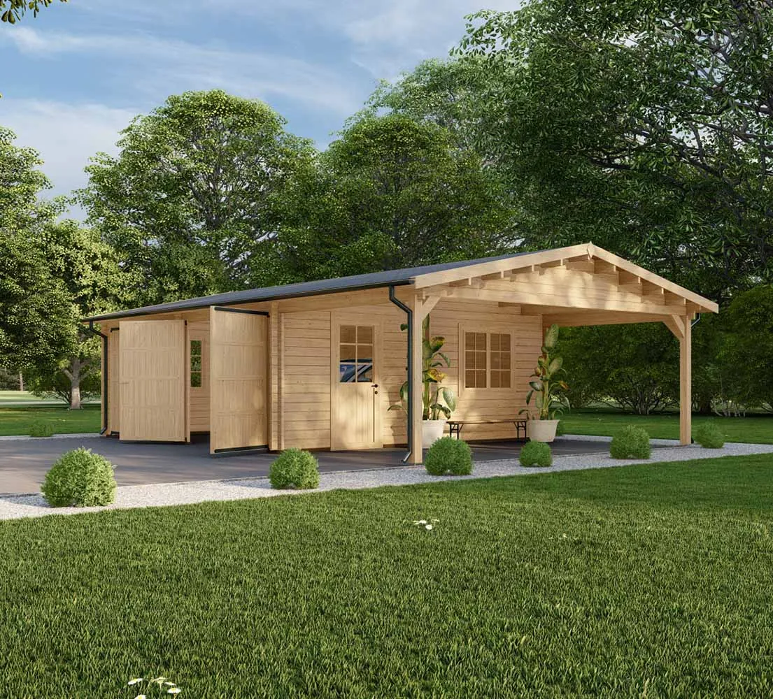Holzgarage mit Carport Prunus, 9x6 m, BF 50 m2 mit Holztoren