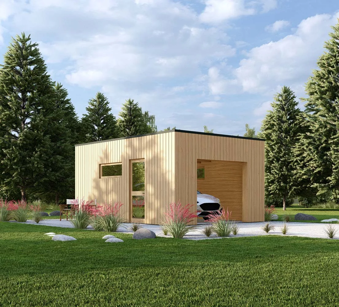 Holzgarage mit Flachdach Fraxinus mit Holzverkleidung, 4x6 m, BF 26 m2 ohne Tor