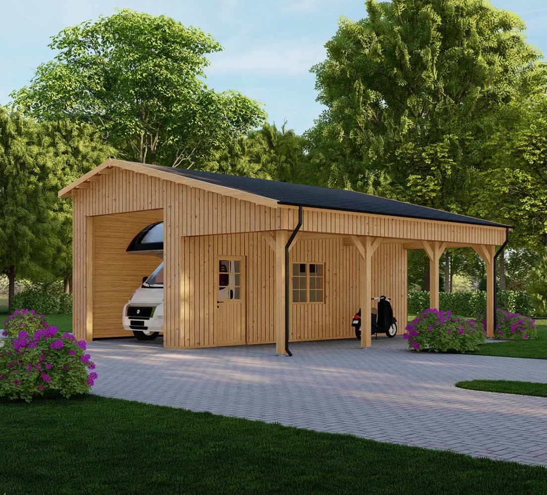  Holzgarage mit Carport Nigella mit Holzverkleidung, 7x8 m, BF 58 m2 ohne Tor