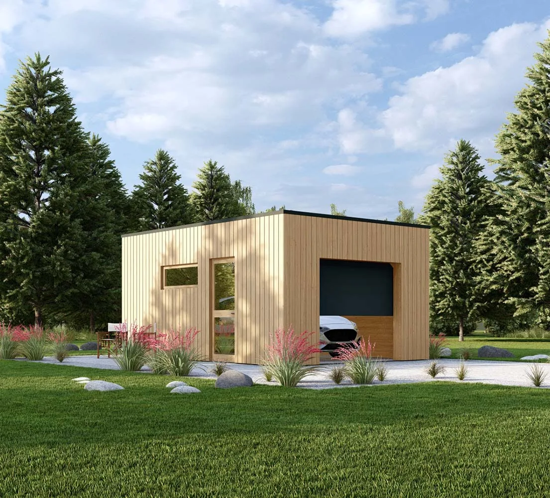 Fraxinus mit Holzverkleidung, 4x6 m, BF 26 m2 mit Sektionaltor