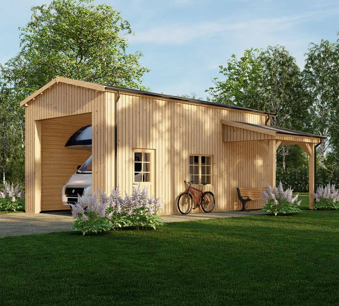 Wohnmobil garage Betula mit Holzverkleidung, 4x8 m, BF 40 m2 mit Vordach ohne Tor
