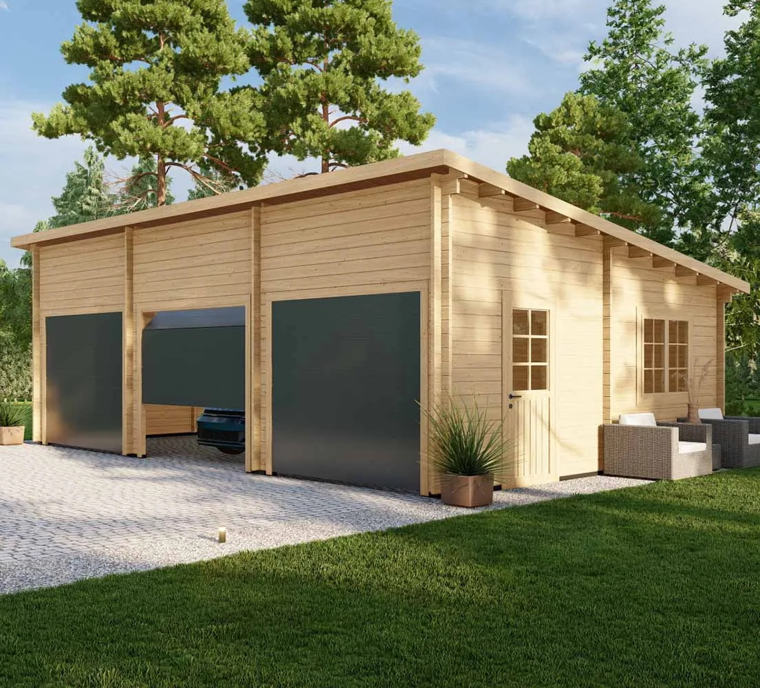 Dreifachgarage aus Holz Pinus, 9x6 m, BF 50 m2 mit Sektionaltoren
