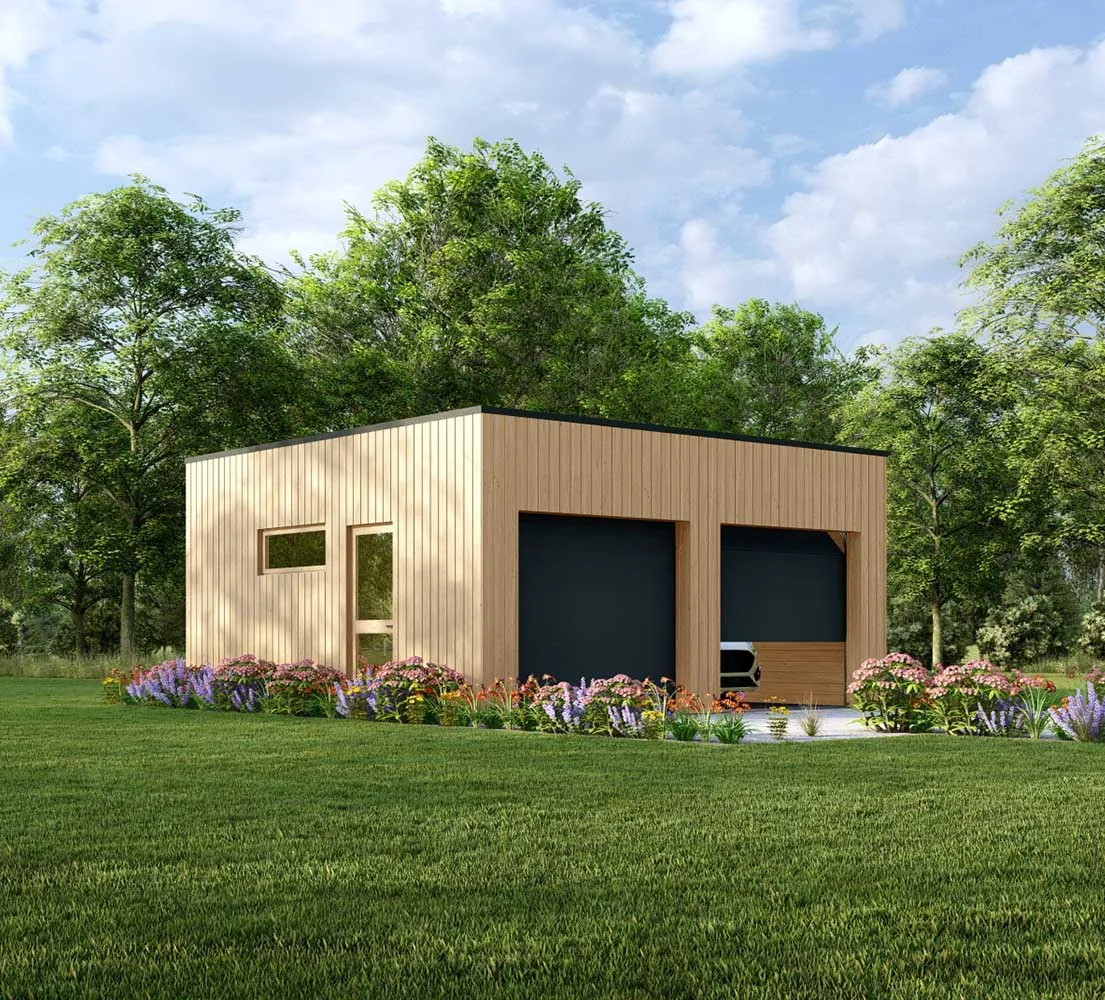 Blockbohlengarage Aster, 6x6 m, BF 37 m2 mit Sektionaltoren 