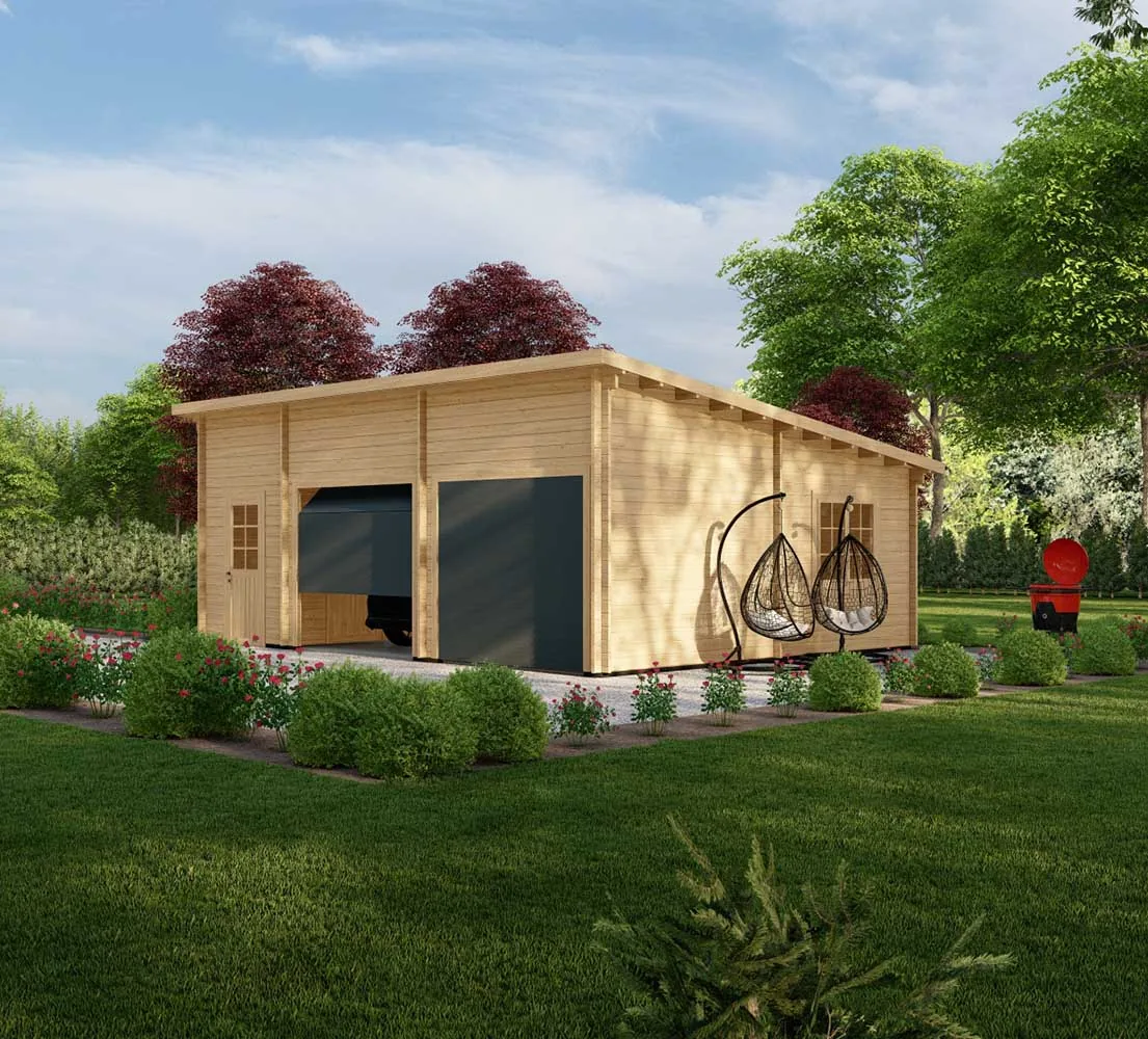 Blockbohlengarage Abies mit Abstellraum, 8x6 m, BF 45 m2 mit Sektionaltoren