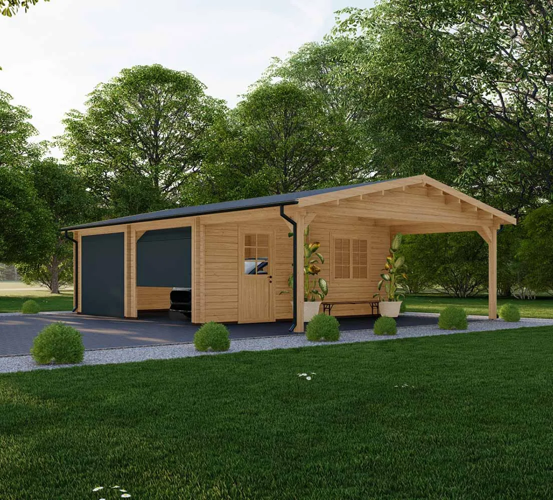 Holzgarage mit Carport Prunus, 9x6 m, BF 50 m2 mit Sektionaltoren