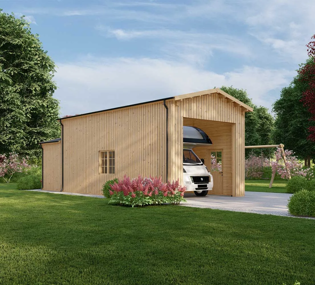 Wohnmobil garage Betula mit Holzverkleidung, 4x8 m, BF 44 m2 mit Anbau ohne Tor