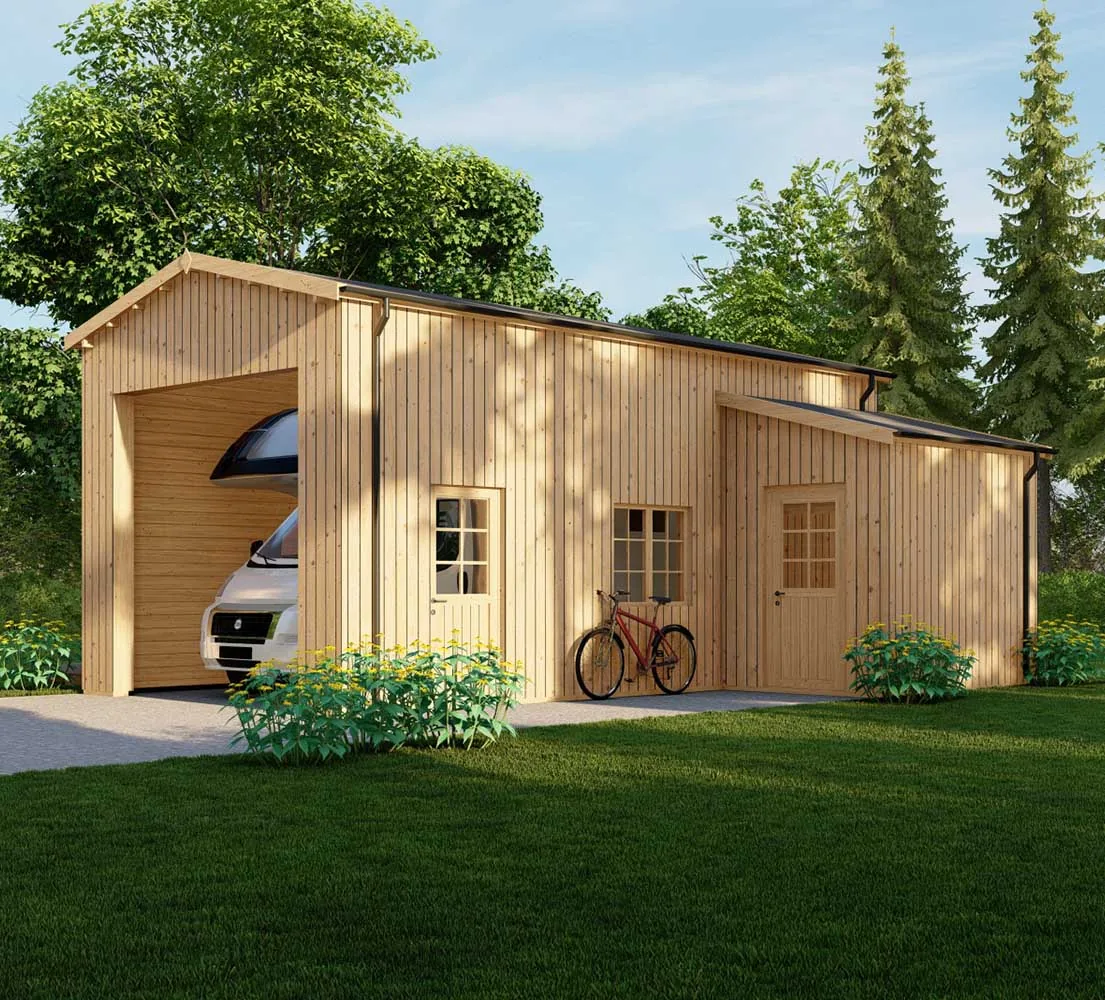 Wohnmobil garage Betula mit Holzverkleidung, 4x8 m, BF 40 m2 mit Abstellraum ohne Tor
