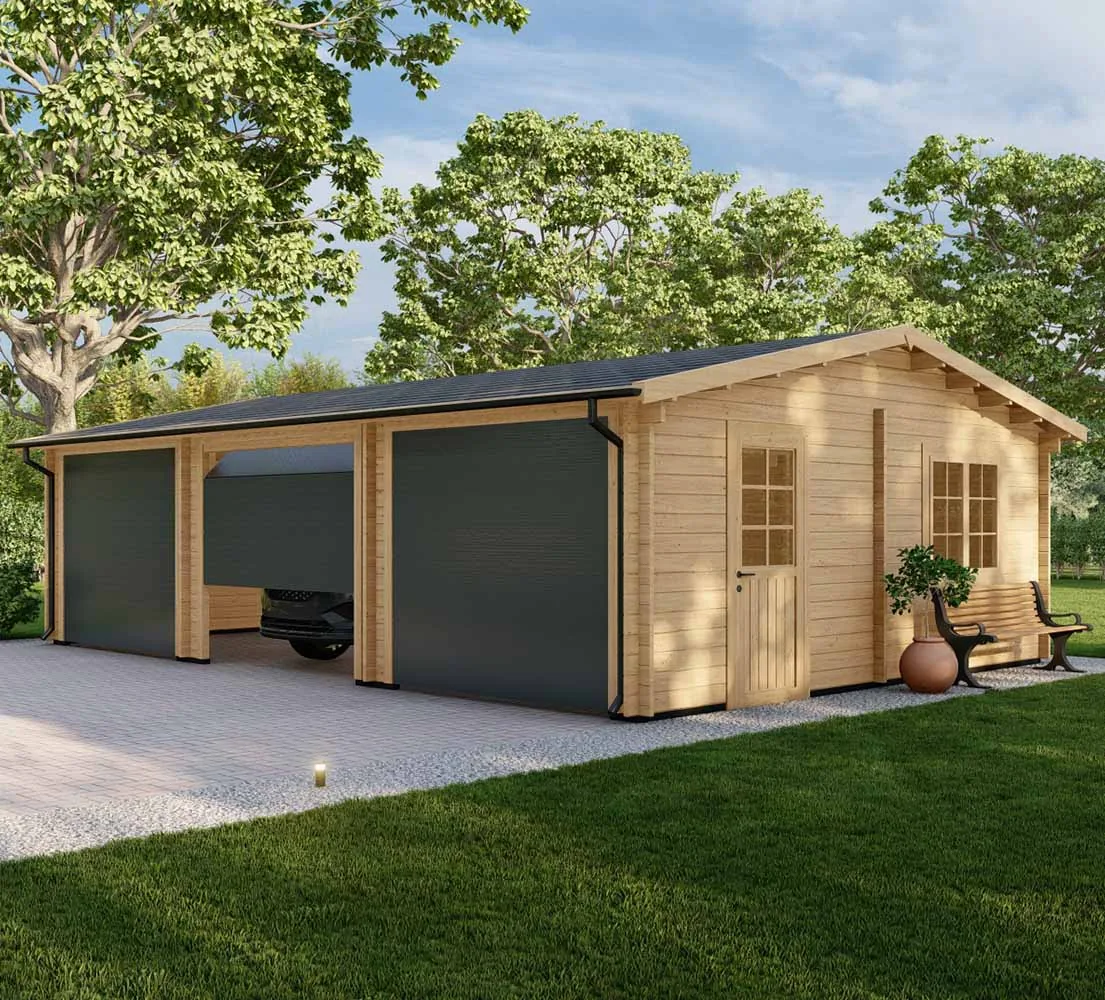 Dreifachgarage aus Holz Picea, 9x6 m, BF 50 m2 mit Sektionaltoren
