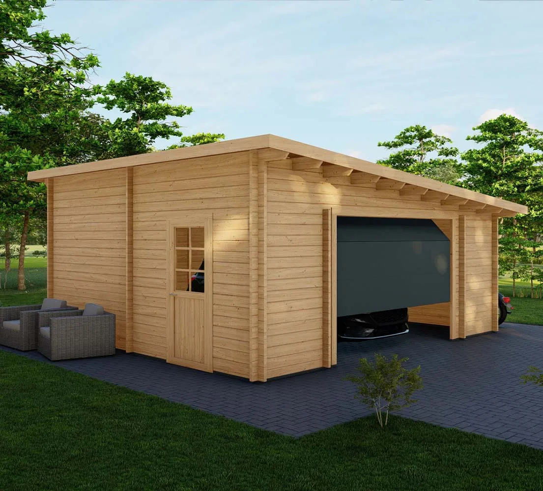  Blockbohlengarage Taxus V3, 6x6 m, BF 30 m2 mit Sektionaltor