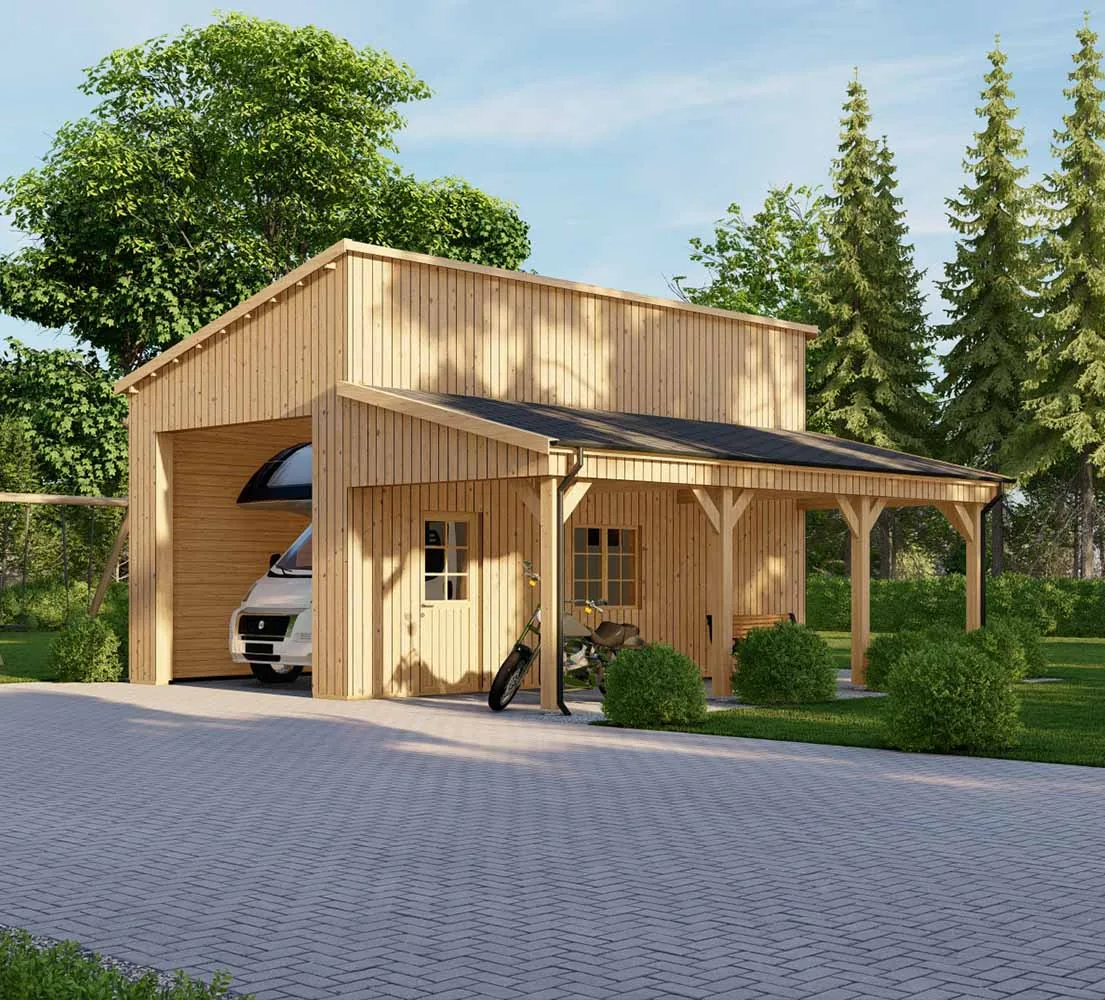  Holzgarage mit Carport Melica mit Holzverkleidung, 7x8 m, BF 58 m2 ohne Tor