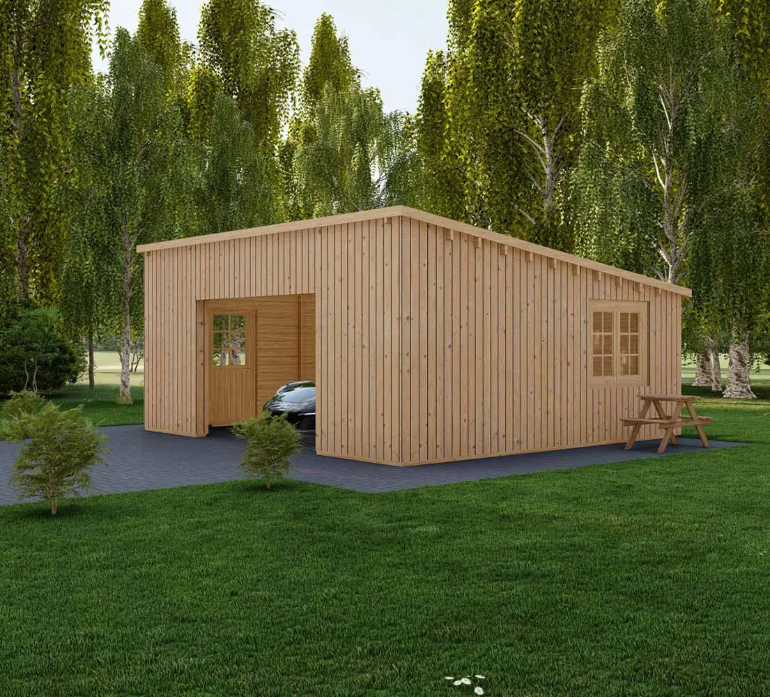 Holzgarage mit Pultdach Fagus V3 mit Holzverkleidung, 6x6 m, BF 34 m2 ohne Tor