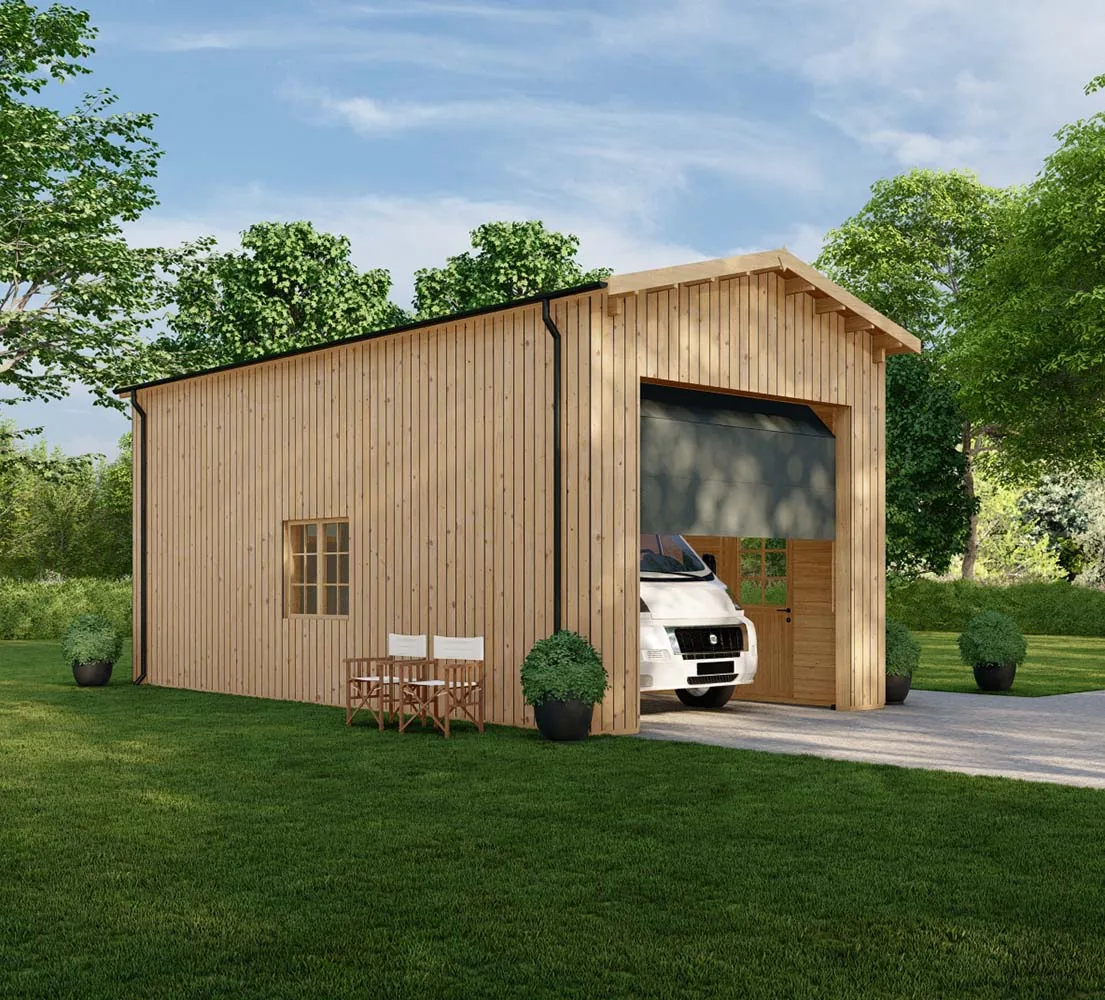 Blockbohlengarage Betula mit Holzverkleidung, 4x8 m, BF 33 m2 mit Sektionaltor