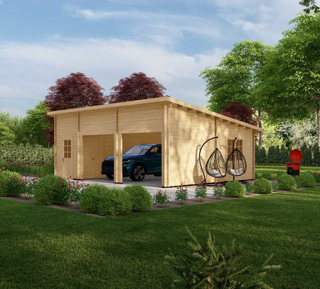 Blockbohlengarage Abies mit Abstellraum, 8x6 m, BF 45 m2 ohne Tore