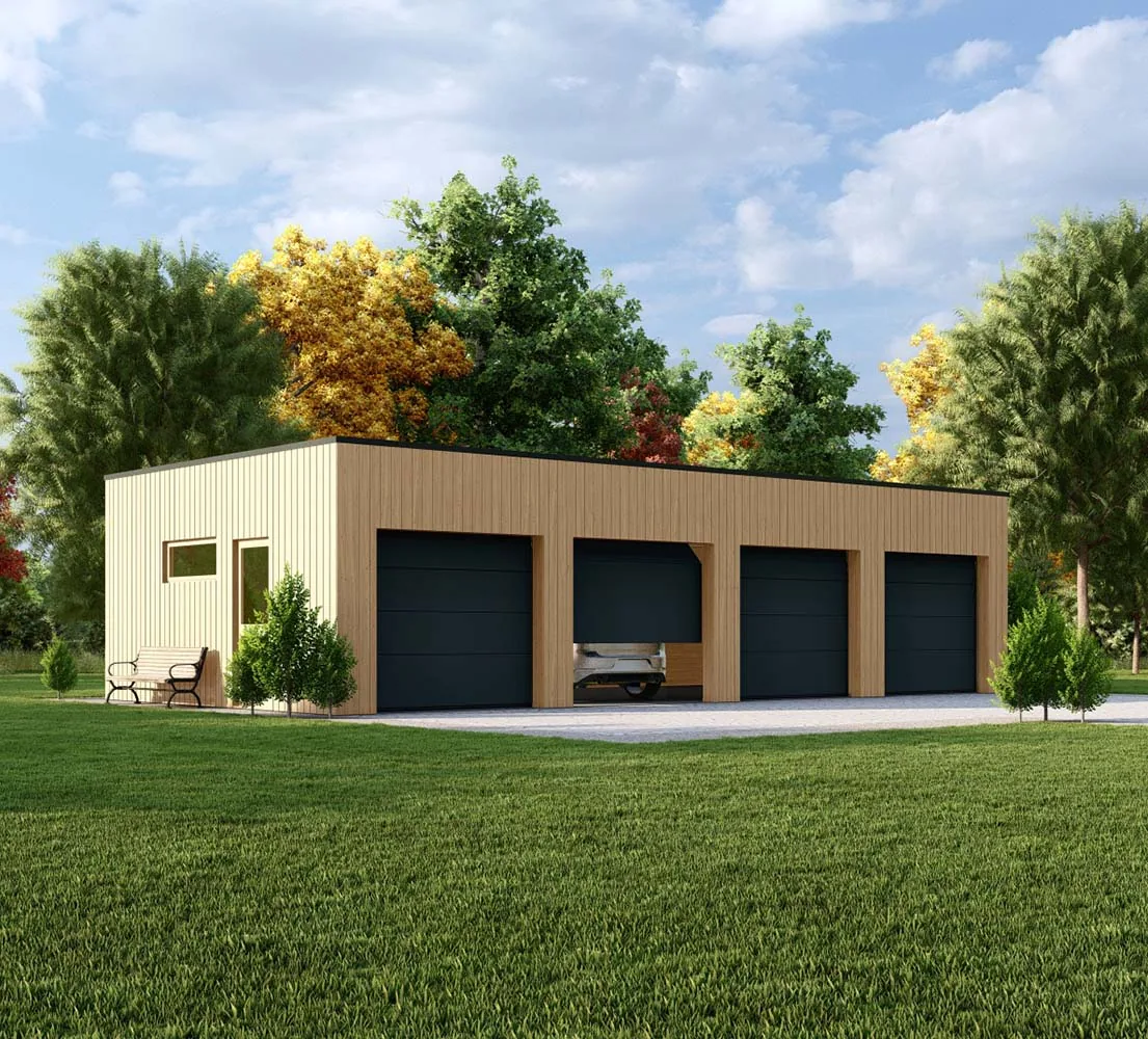 Holzgarage mit Flachdach Butomus mit Holzverkleidung 12x6m, BF 73m2 mit Sektionaltor