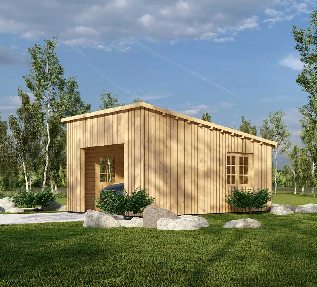 Blockbohlengarage Tilia mit Holzverkleidung, 4x6 m, BF 23 m2 ohne Tor