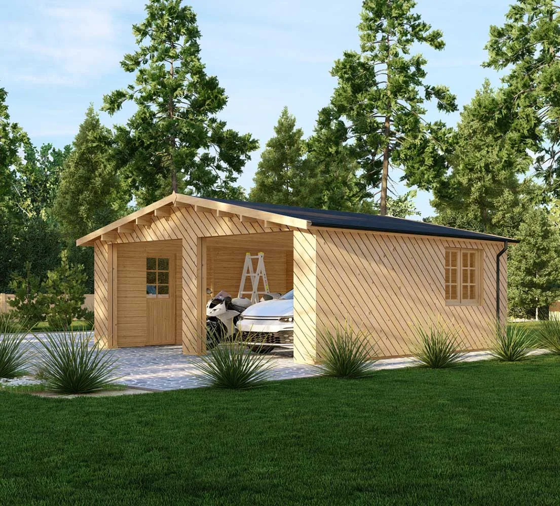 Doppelgarage aus Holz Larix V2 mit Holzverkleidung, 6x6 m, BF 34 m2 ohne Tore
