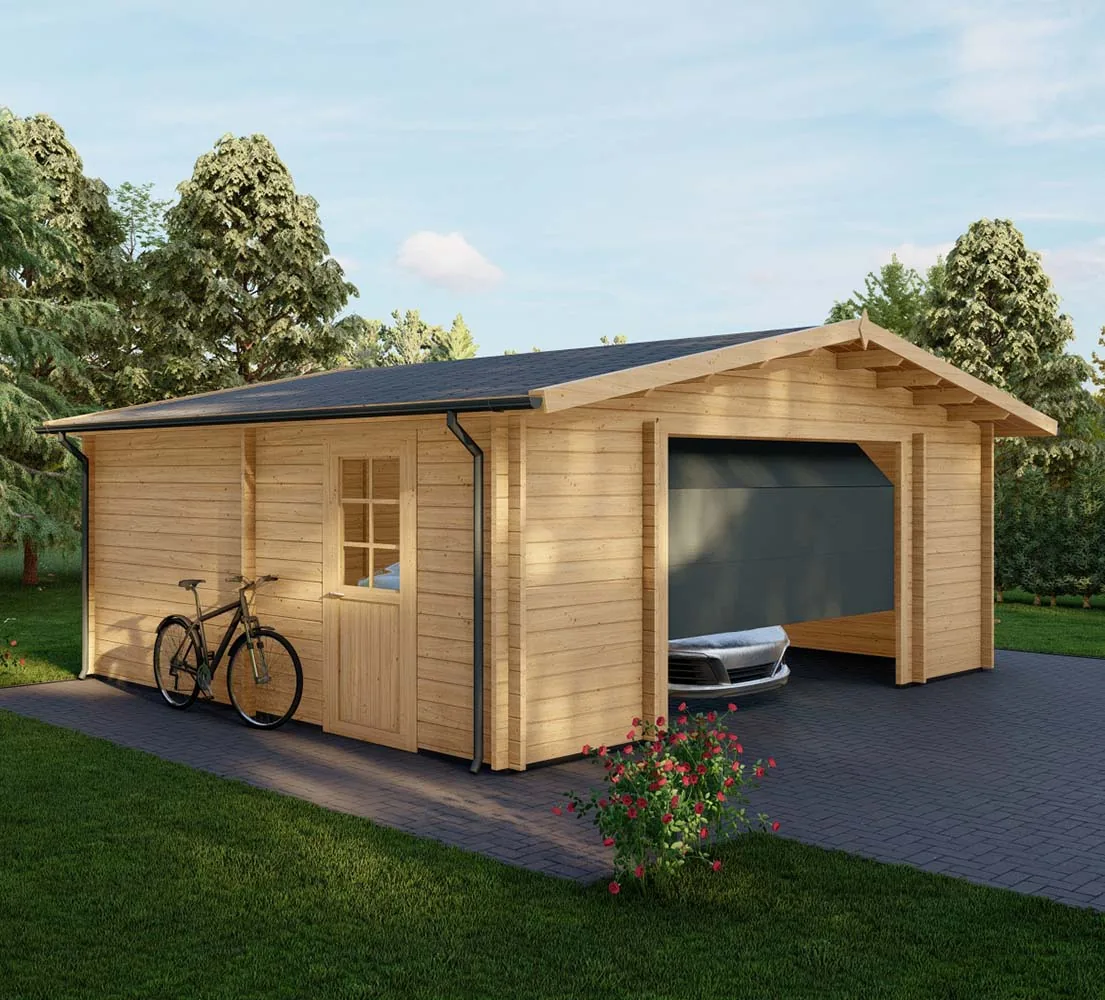 Holzgarage mit Satteldach Larix V3, 6x6 m, BF 30 m2 mit Sektionaltor