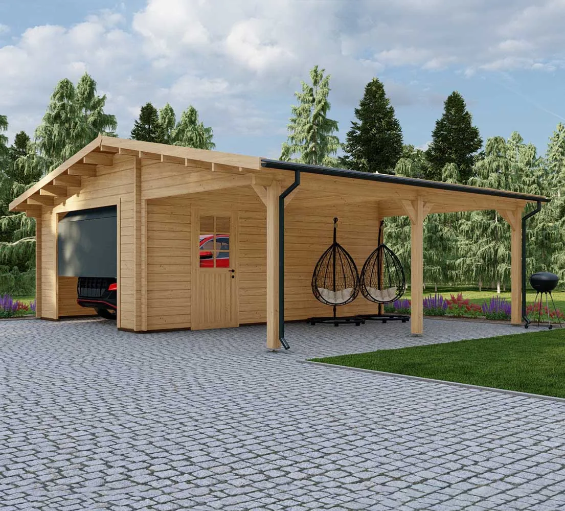 Holzgarage mit Carport Quercus, 7x6 m, BF 40 m2 mit Sektionaltor