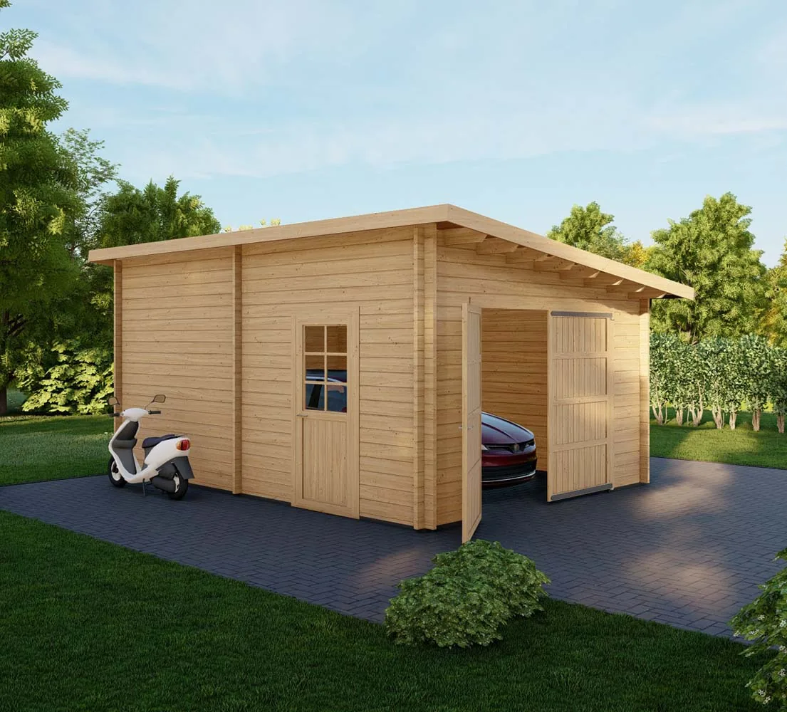 Holzgarage mit Pultdach Sorbus, 4x6 m, BF 20 m2 mit Holztor