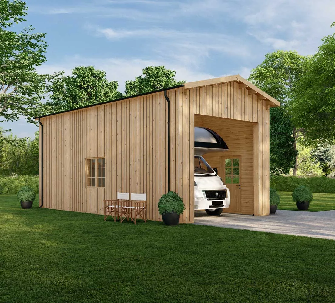 Blockbohlengarage Betula mit Holzverkleidung, 4x8 m, BF 33 m2 ohne Tor