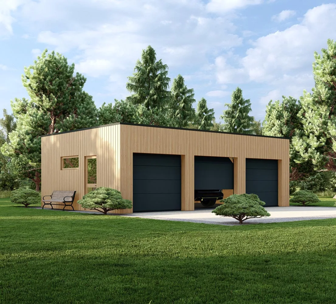 Blockbohlengarage Areca, 9x6 m, BF 55 m2 mit Sektionaltoren 