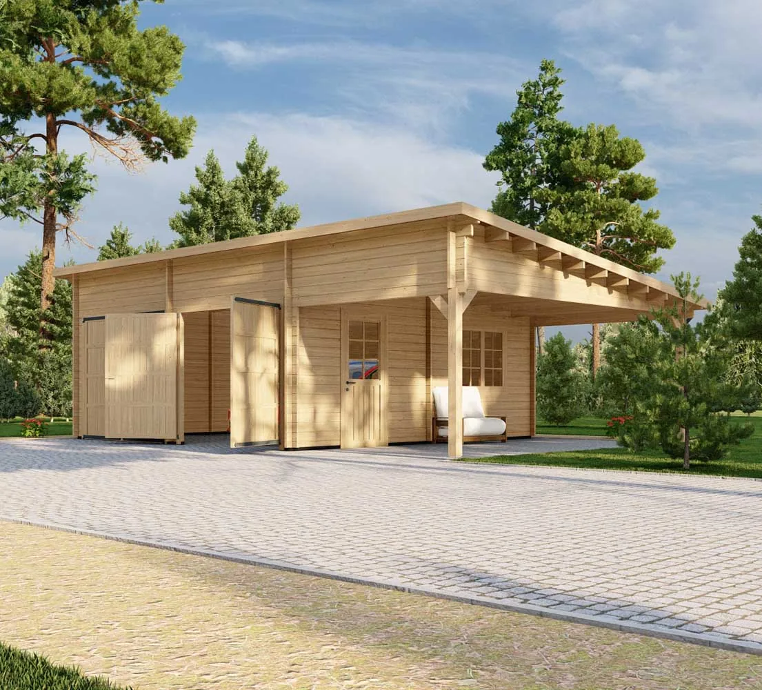 Holzgarage mit Carport Platanus, 9x6 m, BF 50 m2 mit Holztoren