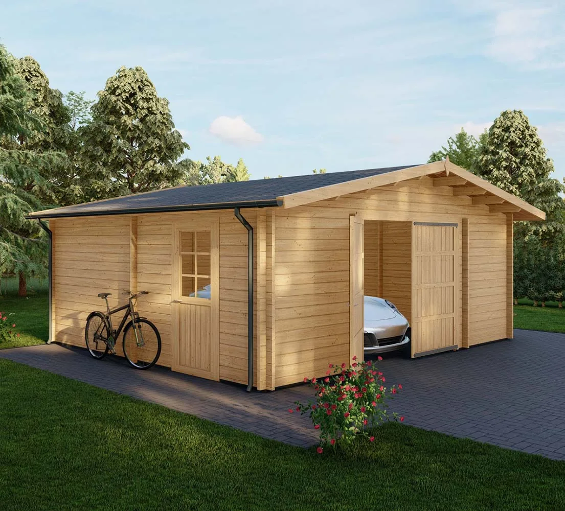 Blockbohlengarage Larix, 6x6 m, BF 30 m2 mit Holztor