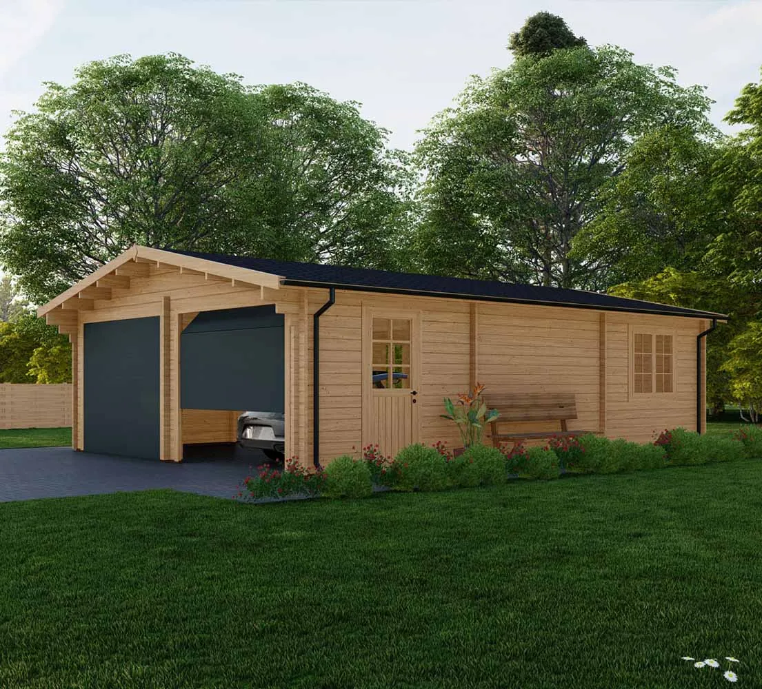 Blockbohlengarage Laurus, 6x9 m, BF 50 m2 mit Sektionaltoren