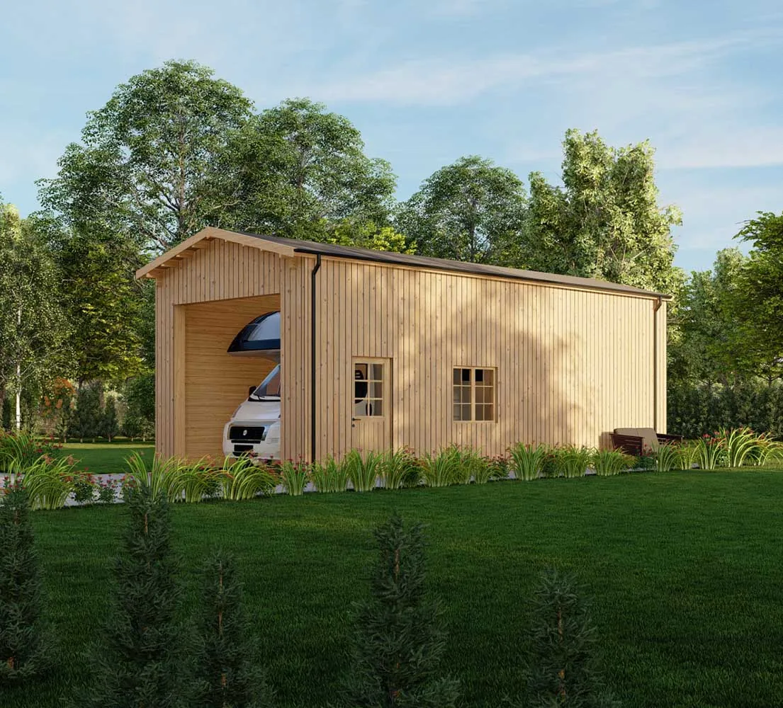 Wohnmobil garage Betula mit Holzverkleidung, 4x10 m, BF 42 m2 mit Lagerboden ohne Tor